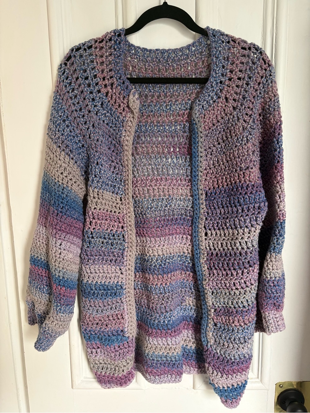 Handmade Crochet Purple Striped Open Front Cardigan